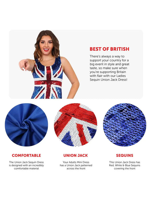 Ladies Sequin Union Jack Dress – Red, White & Blue Flag Dress for King’s Coronation & Brit Pop