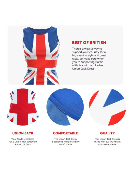 Ladies Union Jack Dress – Red, White & Blue UK Flag Classic Dress for Brit Pop & Jubilee