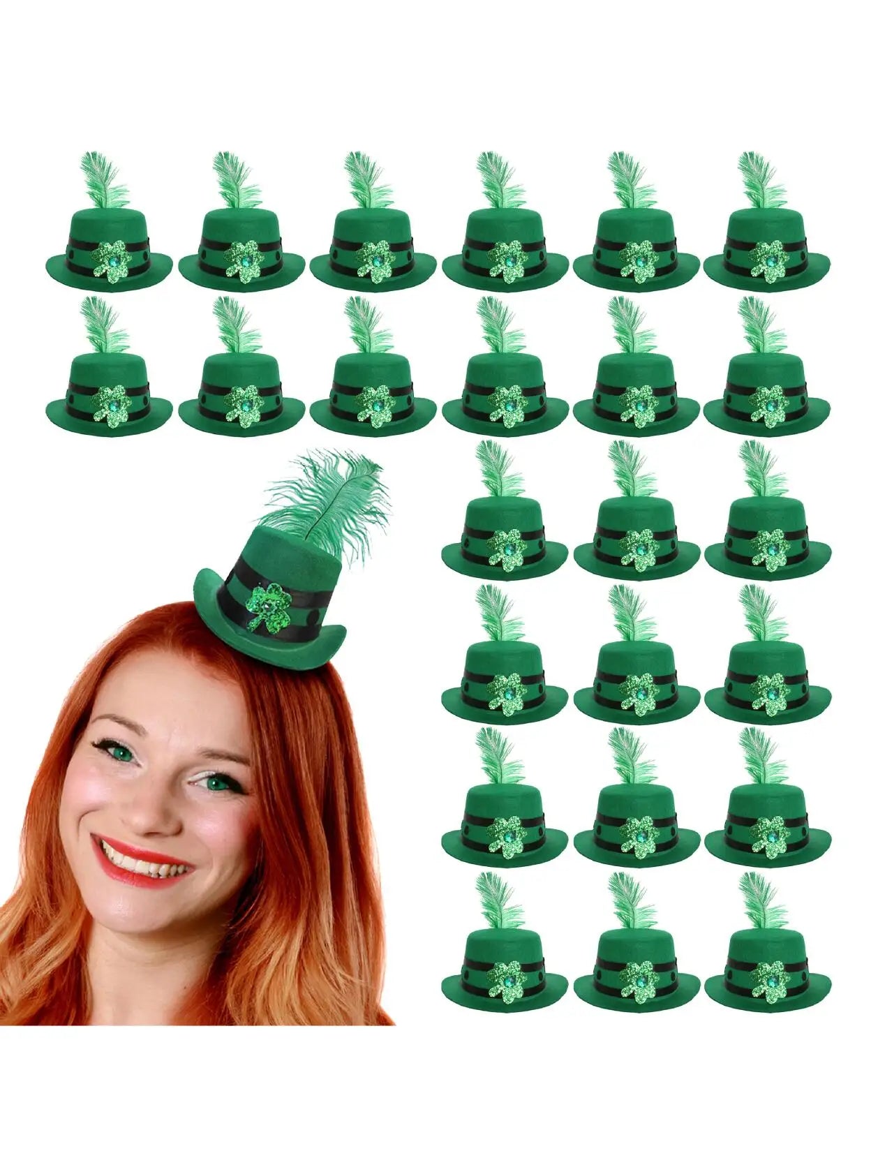 Mini Irish Fascinator Hat with Feather – Green Clover & Ribbon Decoration for St Patrick’s Day