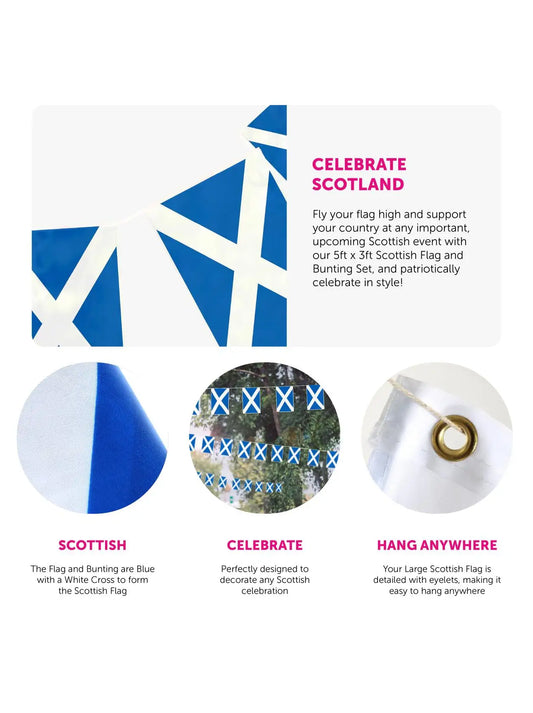 St Andrews Scottish Decorations Set – 5×3 ft Scotland Flag & 33 ft Bunting for St Andrew’s Day
