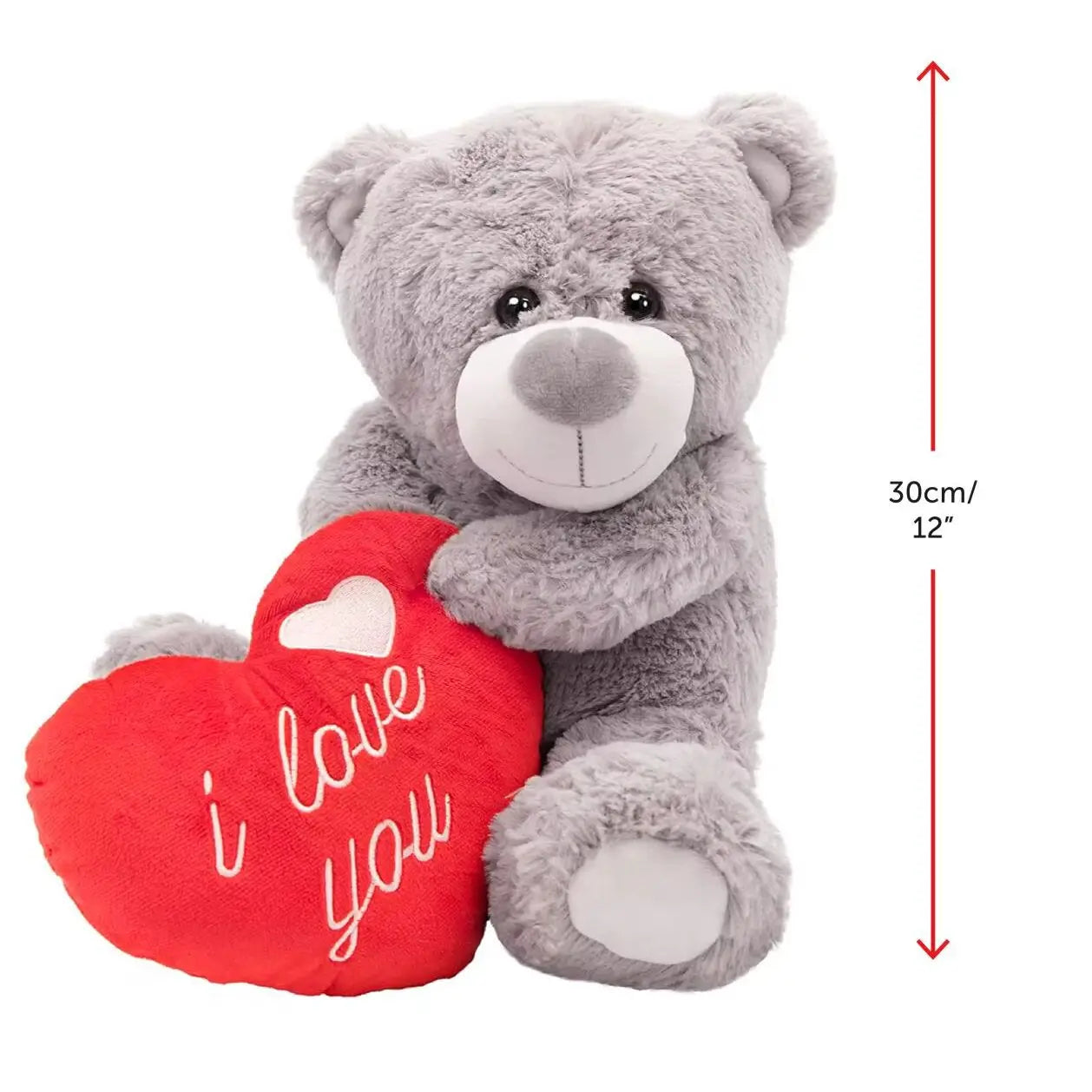 Large - I Love You Teddy Bear – 16" Grey Plush with Red Heart & Embroidered Message