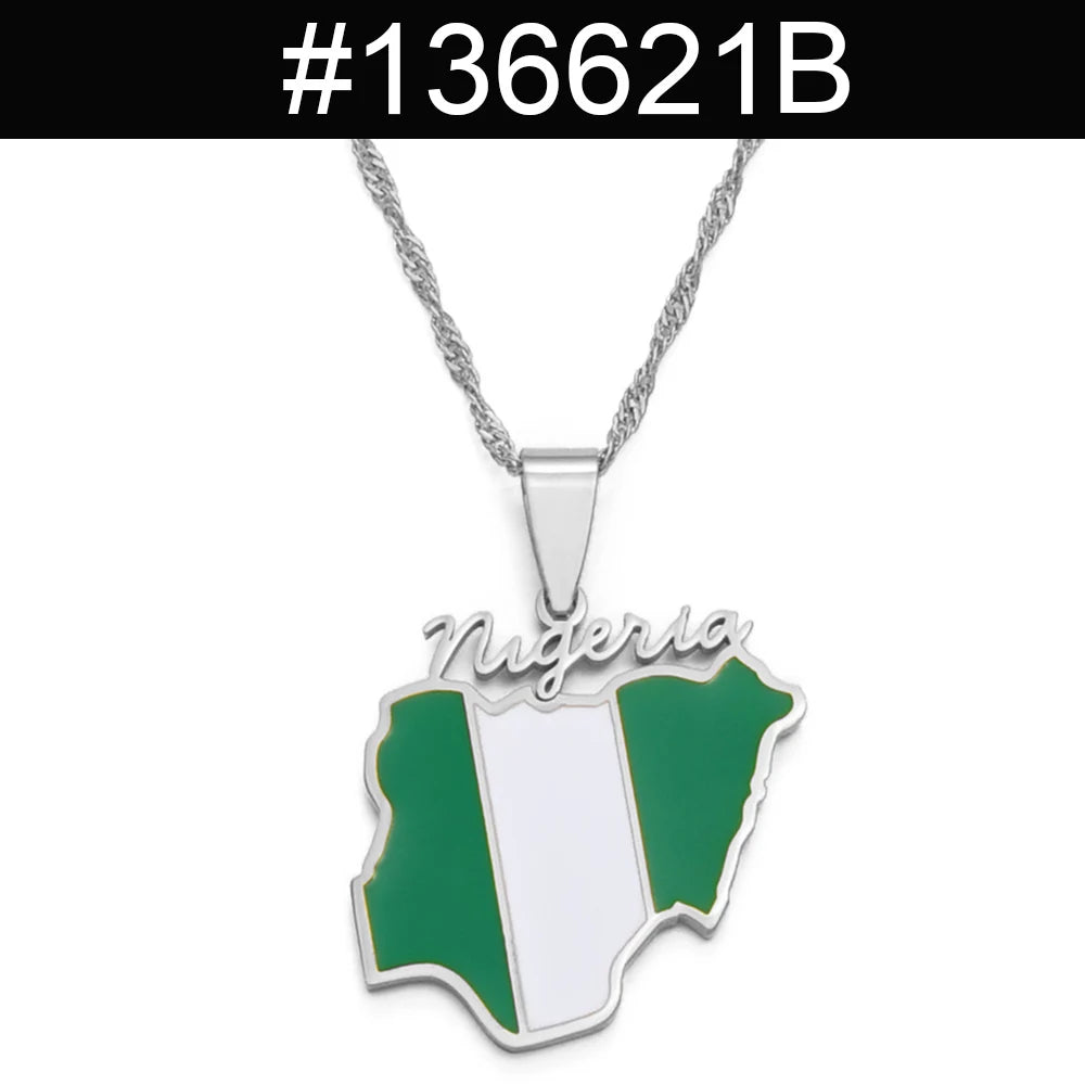Nigeria Map Flag Pendant Necklace Gold Stainless Steel Unisex Chain