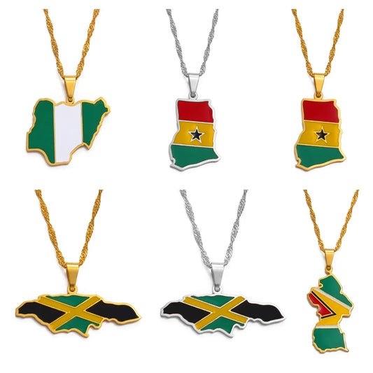 Anniyo Colorful Flags Pendant Necklace – Nigeria, Ghana, Jamaica, Guyana Map