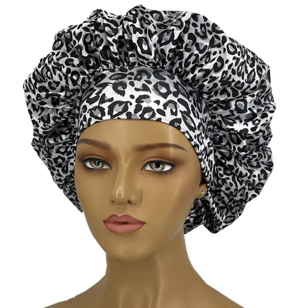 Leopard Print Satin Bonnet for Women – Curl-Enhancing Sleep Cap with Wide Elastic Band