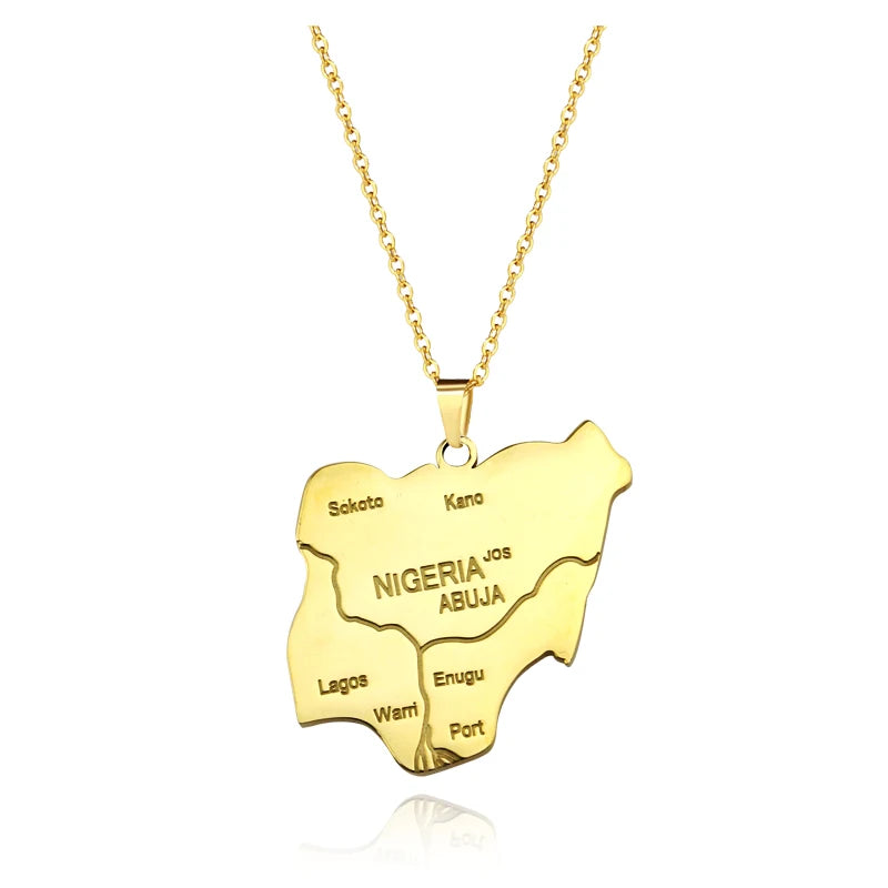 Nigeria Map Pendant Necklace - Africa Country Map Jewelry with City Names, Unisex Gift