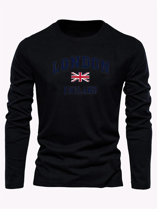 Men’s London England Letter Printed Long Sleeve T-Shirt - 100% Cotton Spring & Autumn Top