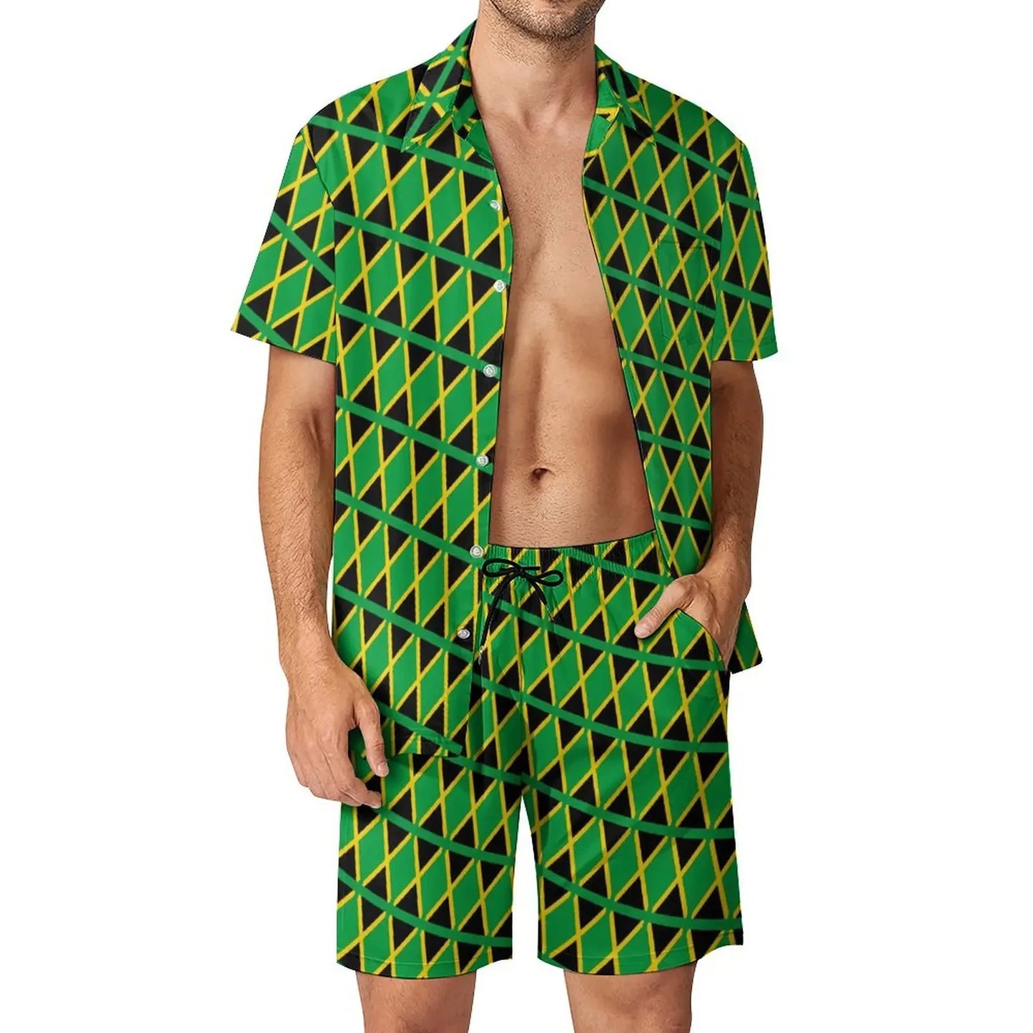 Jamaica Flag Colour Men’s Set - Diagonal Stripe Shorts & Outdoor Shirt