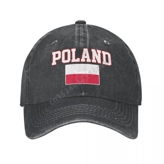 Unisex Poland Flag Denim Baseball Cap - Charcoal Washed Vintage Cotton Hat
