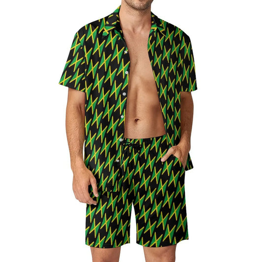 Jamaica Flag Colour Men’s Set - Diagonal Stripe Shorts & Outdoor Shirt