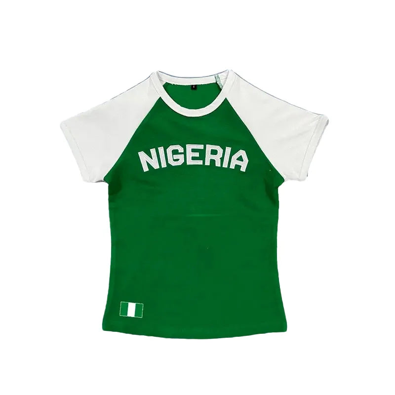 Y2K Women Green Nigeria Letter Crop Top Summer Loose Streetwear Tee