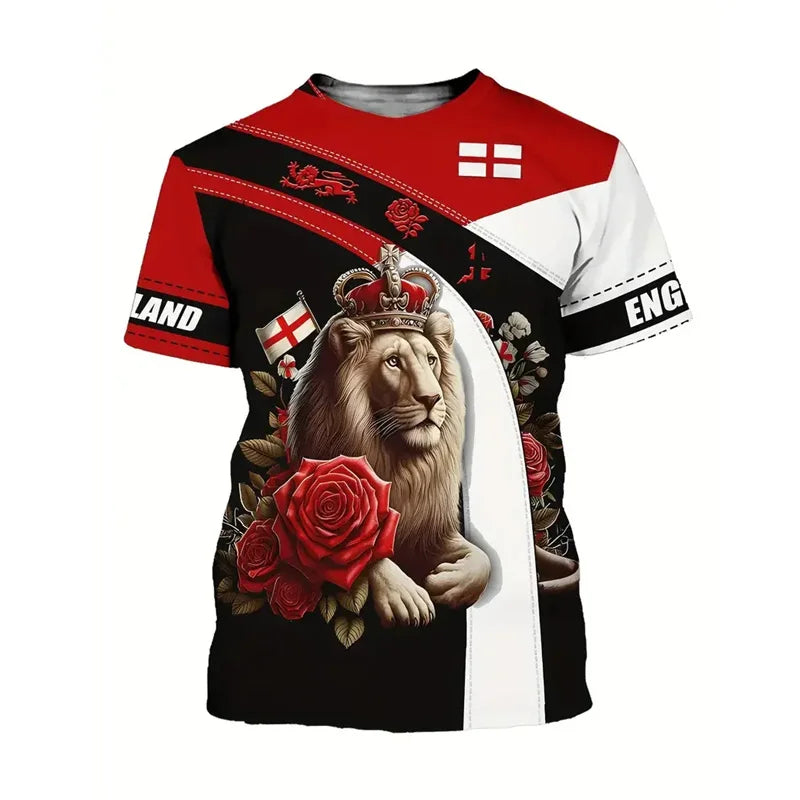 England Graffiti Print T-Shirt - Men’s Short Sleeve Round Neck Summer Top with Lion Stripe Pattern