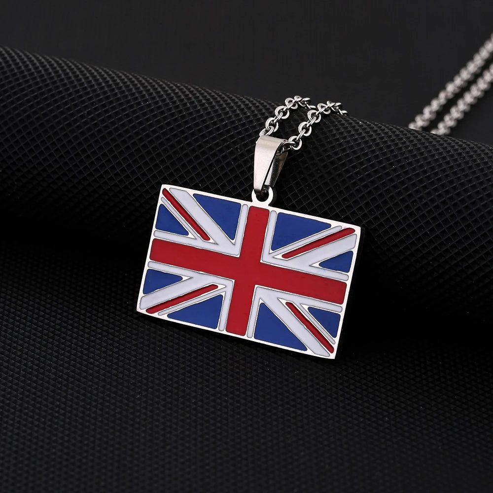 UK Flag Pendant Necklace Stainless Steel Enamel Unisex Couple Gift