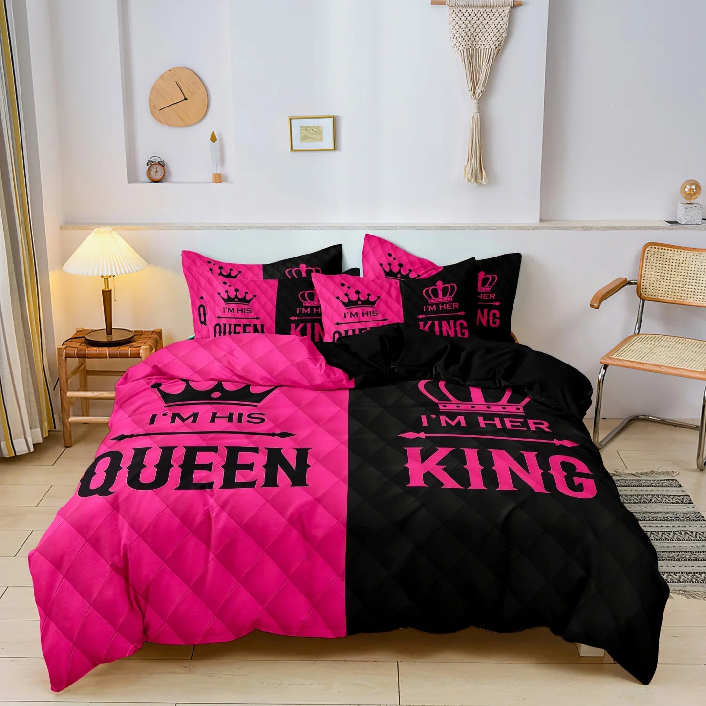 Romantic Heart Crown Duvet Cover Set 3pcs Pink Black Bedding Set