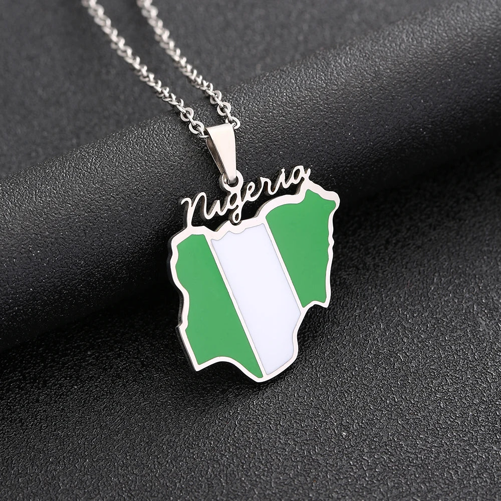 Nigeria Map Flag Pendant Necklace - Stainless Steel Gold & Silver Jewelry for Men & Women