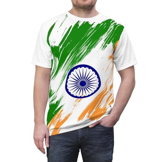 India Flag 3D Print T-Shirt - Men’s Crewneck Short Sleeve Street Fashion Tee
