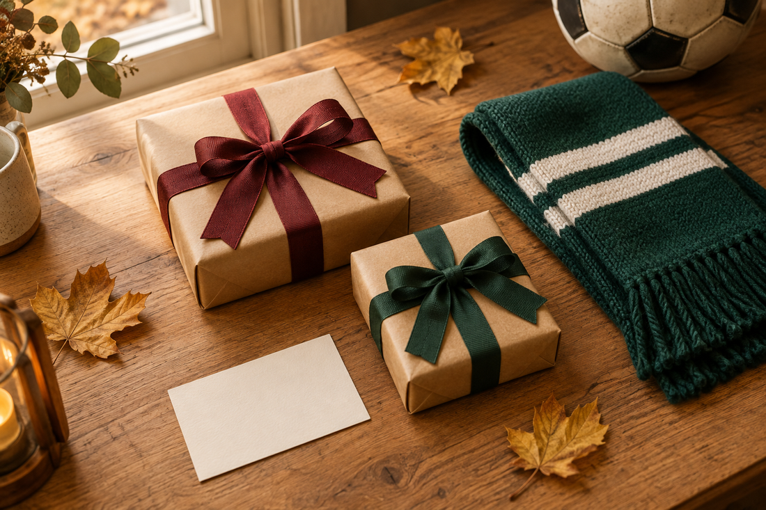 Autumn gifts wrapped in kraft paper with colourful ribbons, a football supporter scarf and golden leaves on a wooden table.