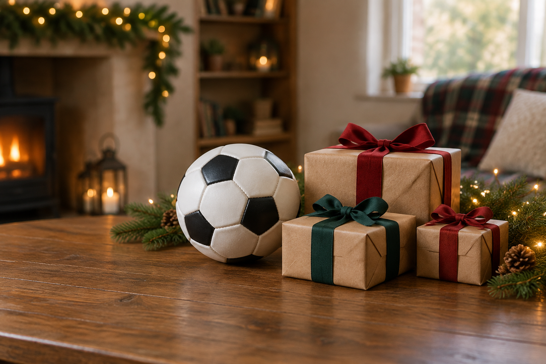 Football beside wrapped Christmas gifts with festive greenery and warm lights