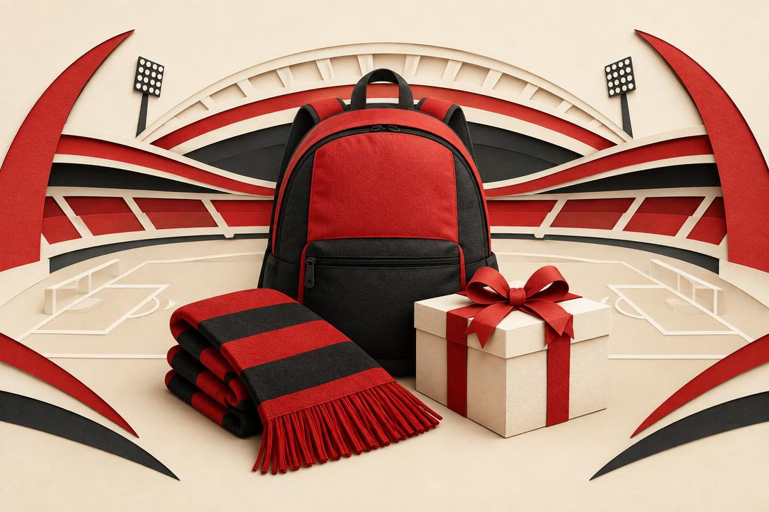 Red-and-black Wrexham supporter gift illustration with a backpack, striped scarf and wrapped present