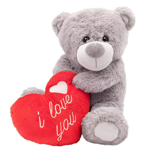 Large - I Love You Teddy Bear – 16" Grey Plush with Red Heart & Embroidered Message