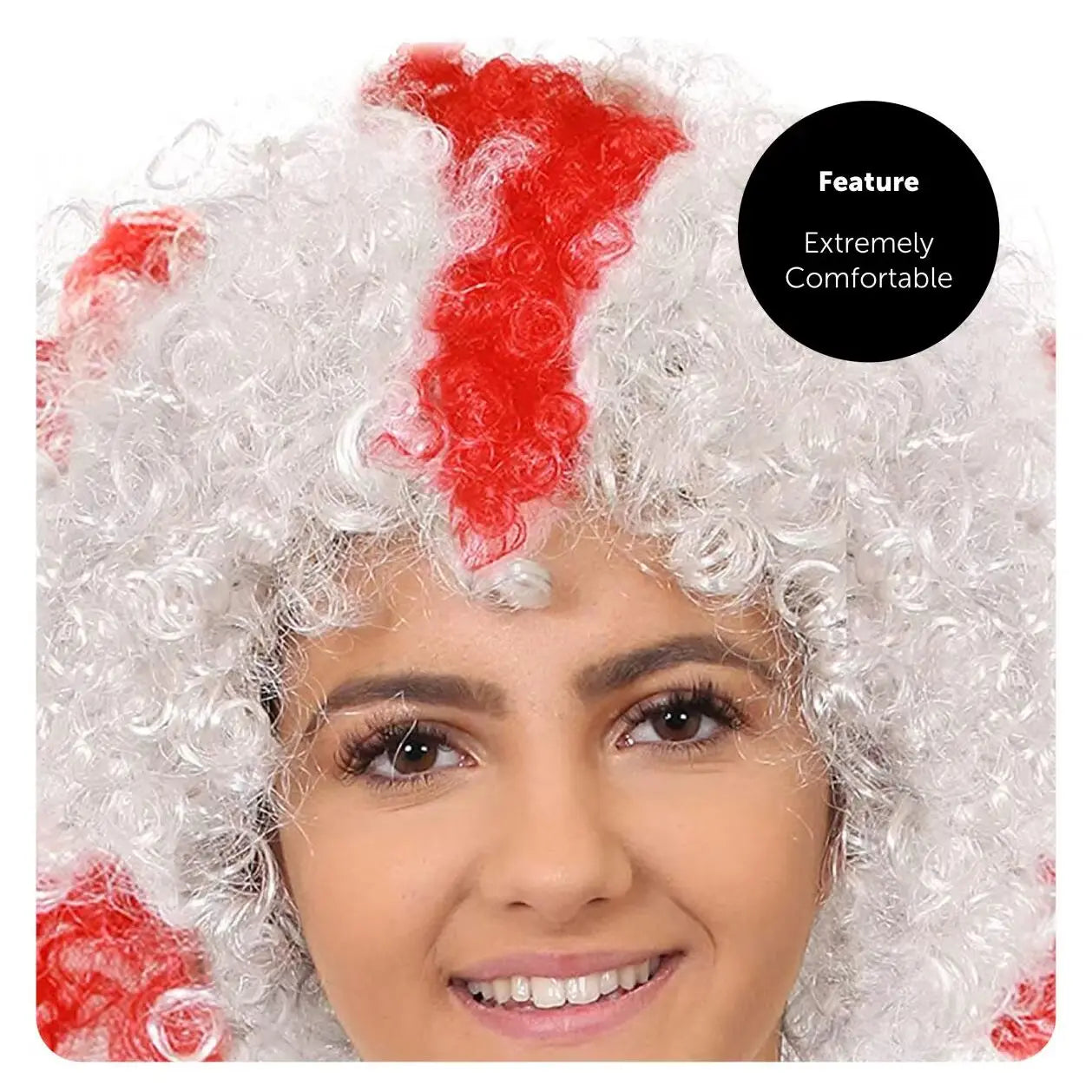 England Afro Wig – White Curly Wig with Red St George’s Cross for Football & St George’s Day