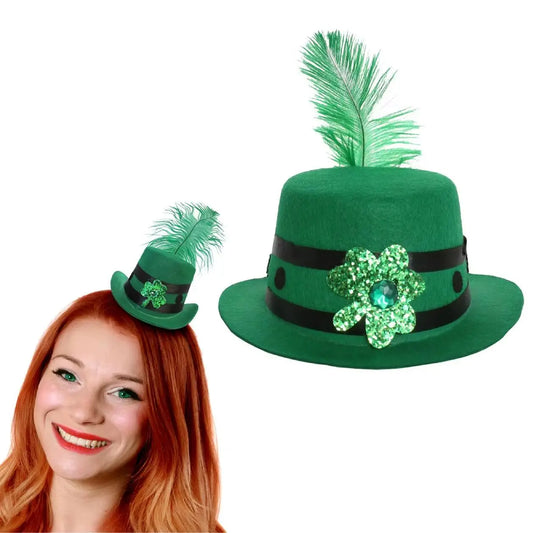 Mini Irish Fascinator Hat with Feather – Green Clover & Ribbon Decoration for St Patrick’s Day