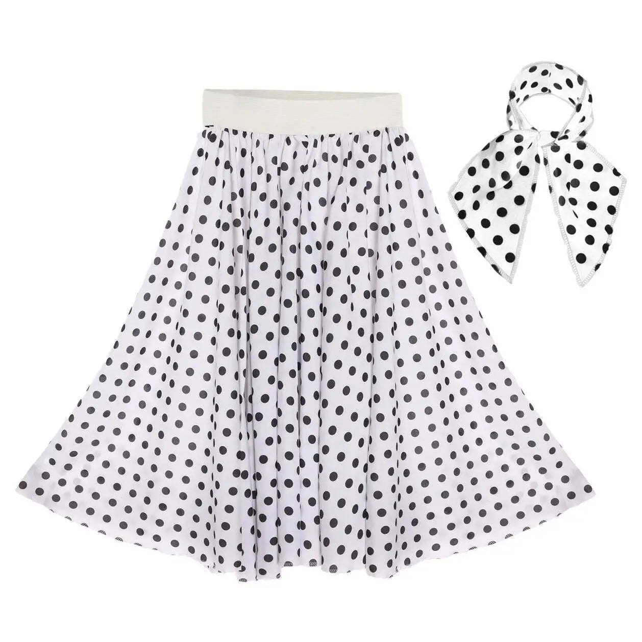 Women’s 50s/60s Polka Dot Skirt – White & Black Rock ‘n’ Roll Swing Costume with Scarf, 26" Length