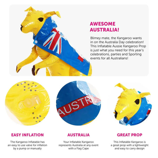 Inflatable Yellow Kangaroo – 27.5" Australian Prop with Removable Flag Cape