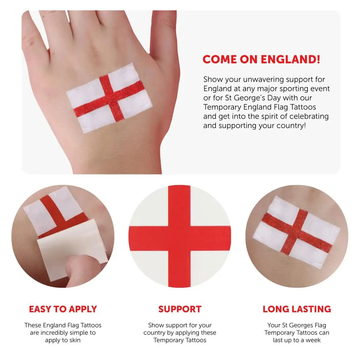 Pack of 16 England Flag Temporary Tattoos – Waterproof Tattoos for Football, Rugby & St George’s Day