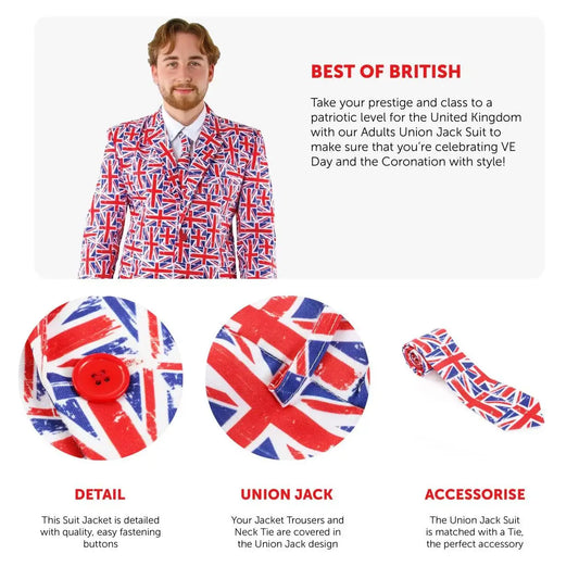Adults Union Jack Suit – Jacket & Trousers for VE Day, King’s Coronation & British Celebrations