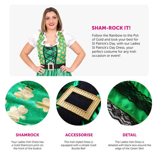 Ladies St Patrick’s Day Dress – Green Shamrock Print with Corset & Belt for Irish Rugby & Leprechaun Costume