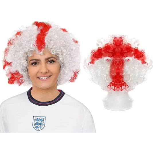 England Afro Wig – White Curly Wig with Red St George’s Cross for Football & St George’s Day