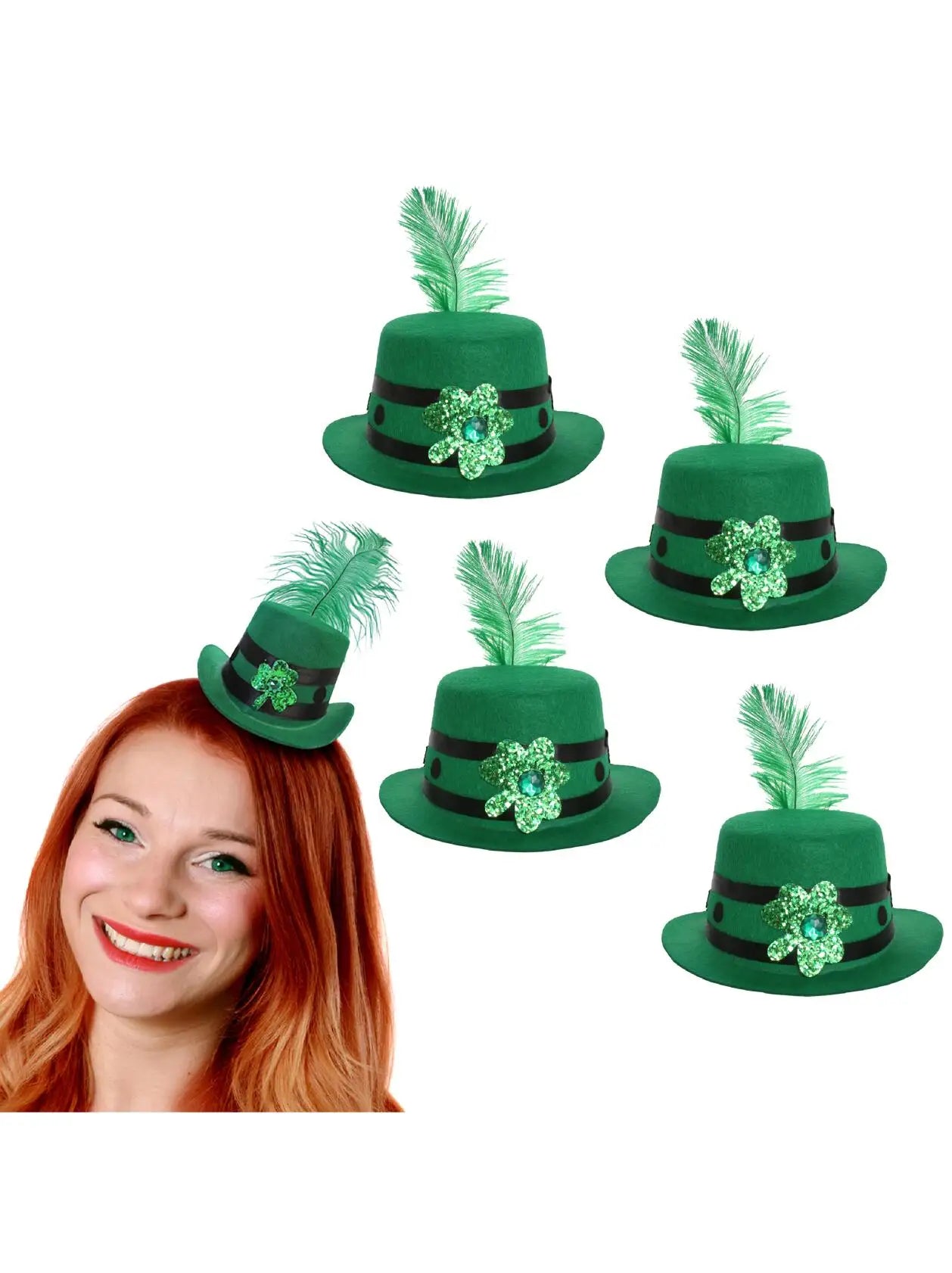 Mini Irish Fascinator Hat with Feather – Green Clover & Ribbon Decoration for St Patrick’s Day