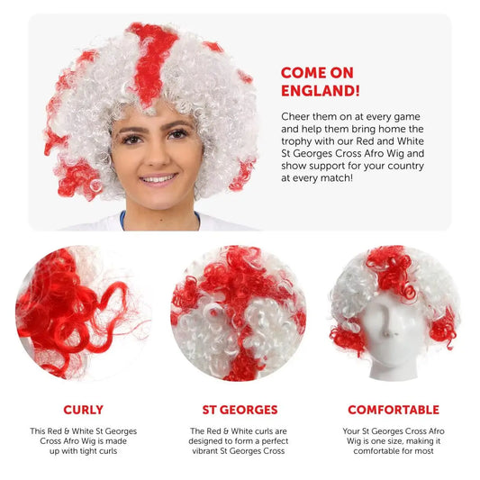 England Afro Wig – White Curly Wig with Red St George’s Cross for Football & St George’s Day