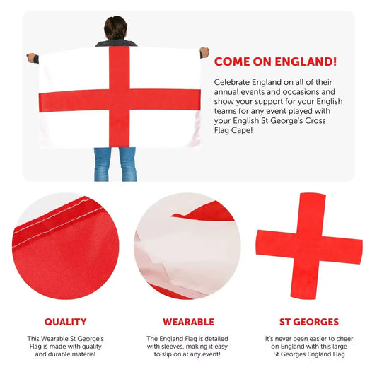 England Wearable Flag Cape 5×3 ft – St George’s Flag with Armholes for Football & Rugby