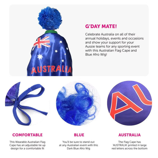 Australian Flag Cape & Blue Afro Wig – Australia Flag Cape Costume for Australia Day & Sports Events