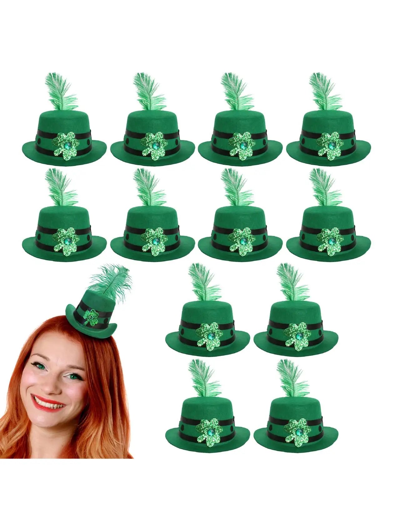 Mini Irish Fascinator Hat with Feather – Green Clover & Ribbon Decoration for St Patrick’s Day