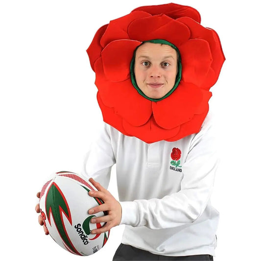 England Rose Hat – Red Petal Headpiece with Green Hood for Rugby & Football Fans
