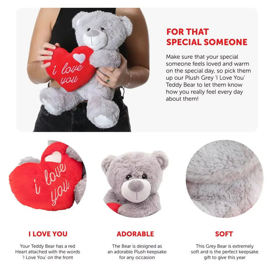 Large - I Love You Teddy Bear – 16" Grey Plush with Red Heart & Embroidered Message