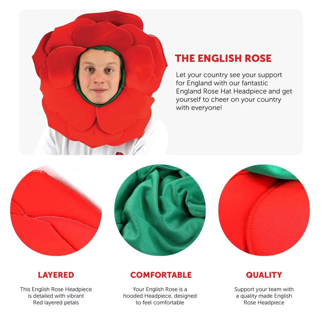 England Rose Hat – Red Petal Headpiece with Green Hood for Rugby & Football Fans