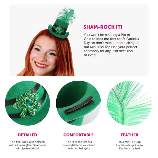 Mini Irish Fascinator Hat with Feather – Green Clover & Ribbon Decoration for St Patrick’s Day