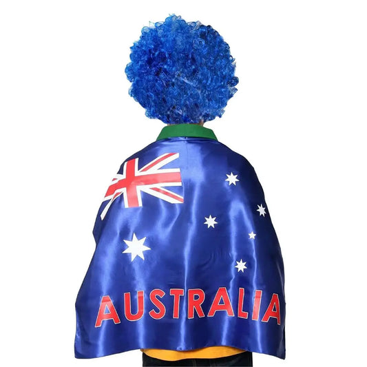 Australian Flag Cape & Blue Afro Wig – Australia Flag Cape Costume for Australia Day & Sports Events