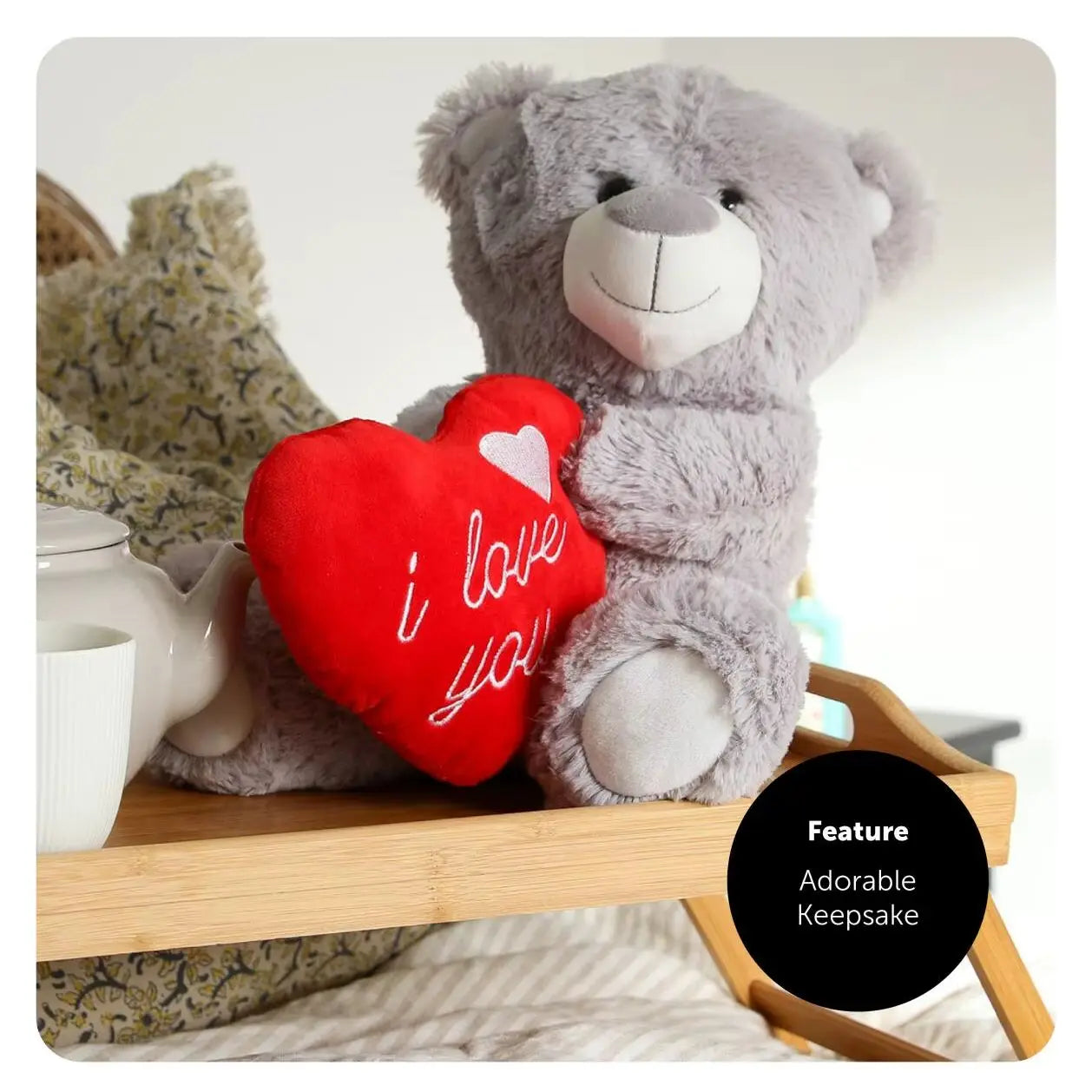 Large - I Love You Teddy Bear – 16" Grey Plush with Red Heart & Embroidered Message
