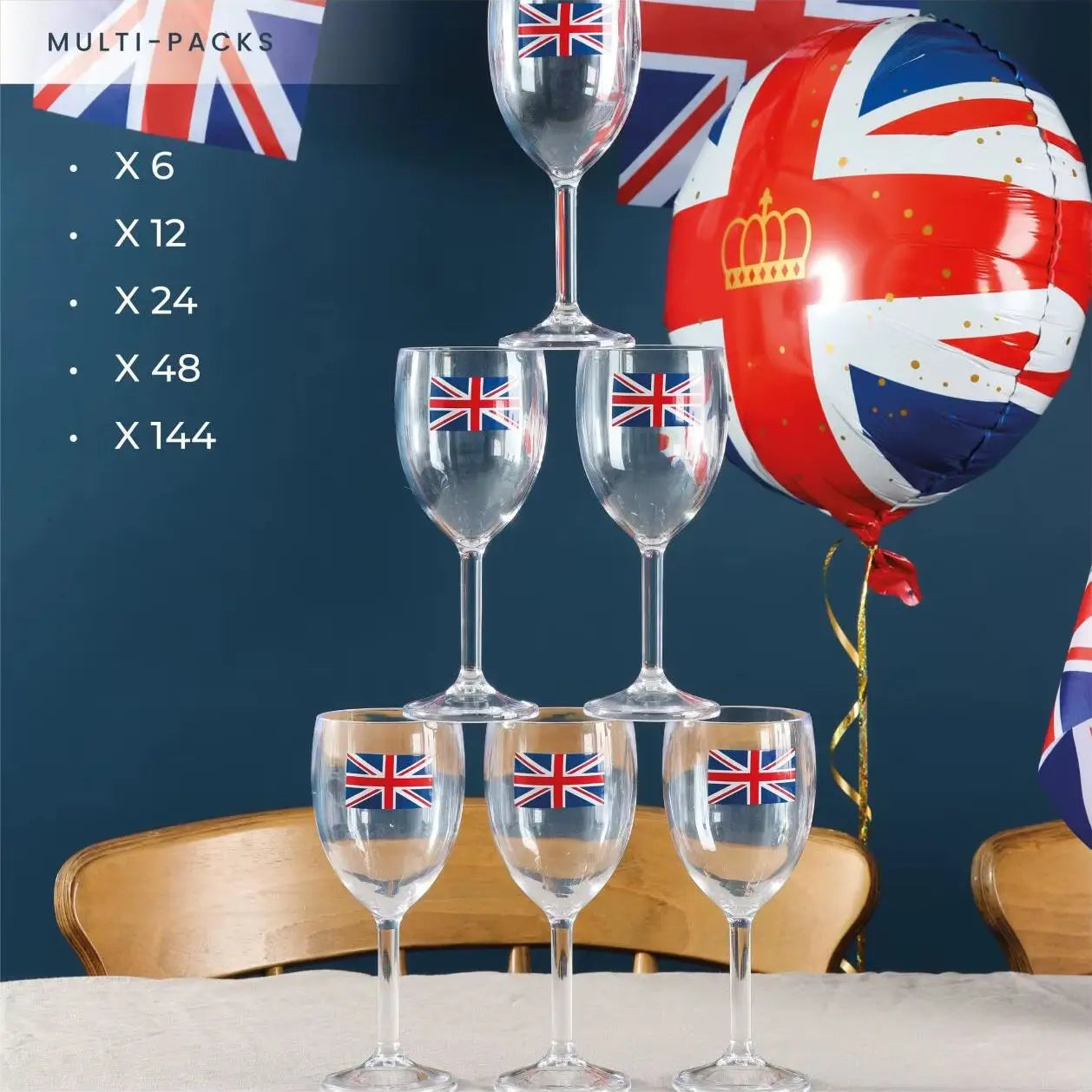 Pack of 12 Union Jack Plastic Wine Glasses – 300ml Durable Reusable Cups for Parties & Celebrations