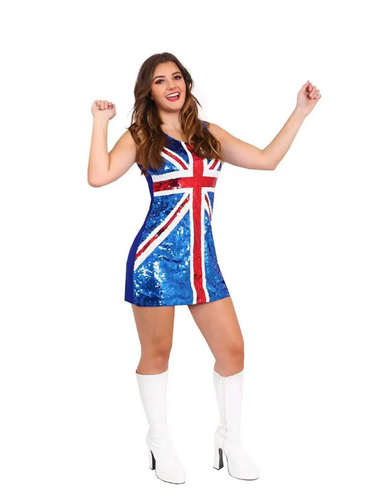 Ladies Sequin Union Jack Dress – Red, White & Blue Flag Dress for King’s Coronation & Brit Pop