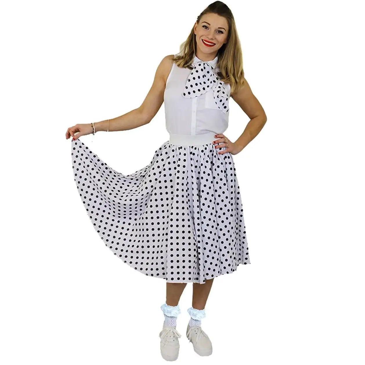 Women’s 50s/60s Polka Dot Skirt – White & Black Rock ‘n’ Roll Swing Costume with Scarf, 26" Length
