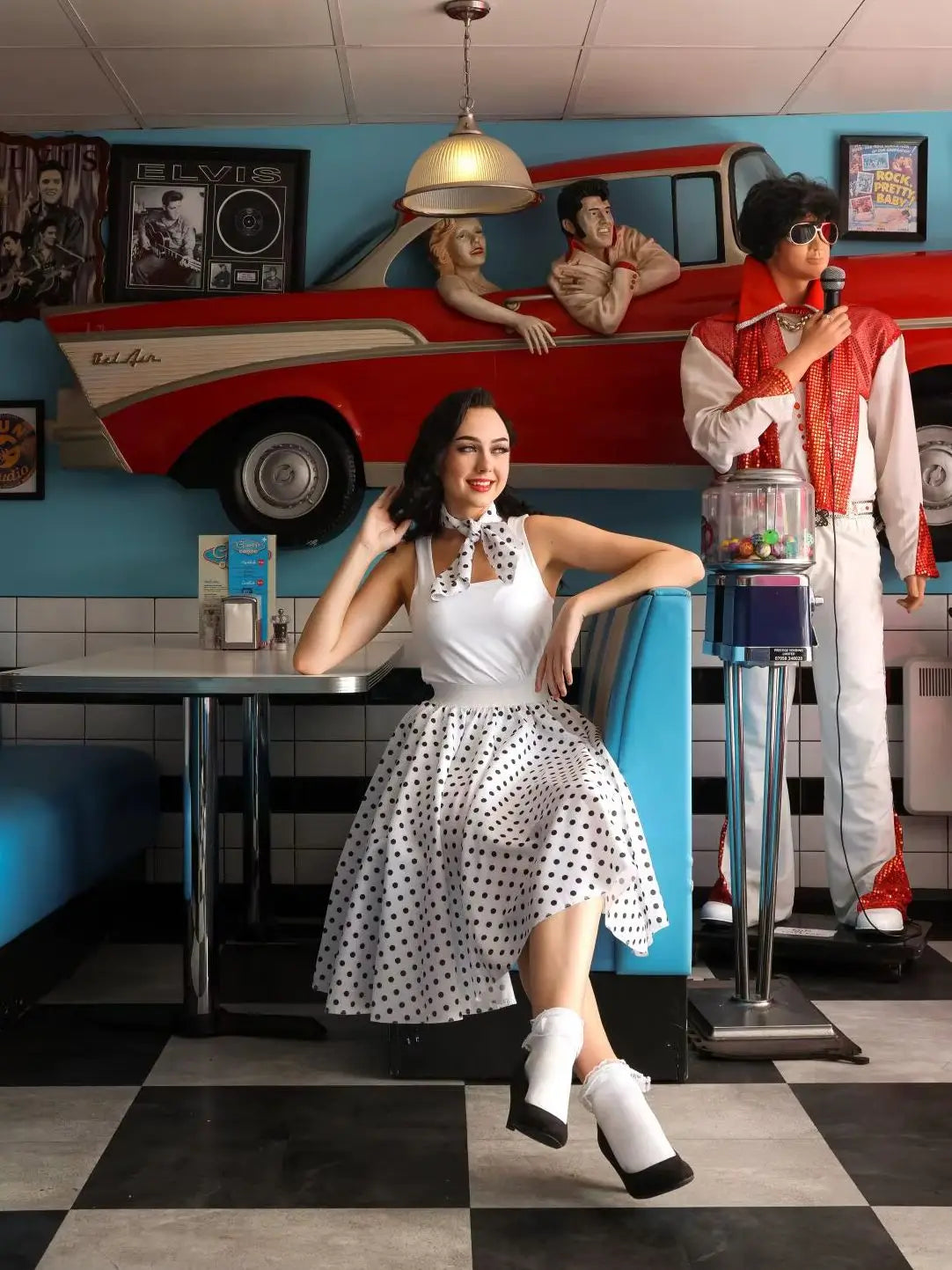 Women’s 50s/60s Polka Dot Skirt – White & Black Rock ‘n’ Roll Swing Costume with Scarf, 26" Length