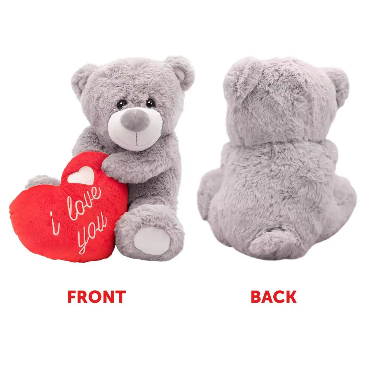 Large - I Love You Teddy Bear – 16" Grey Plush with Red Heart & Embroidered Message