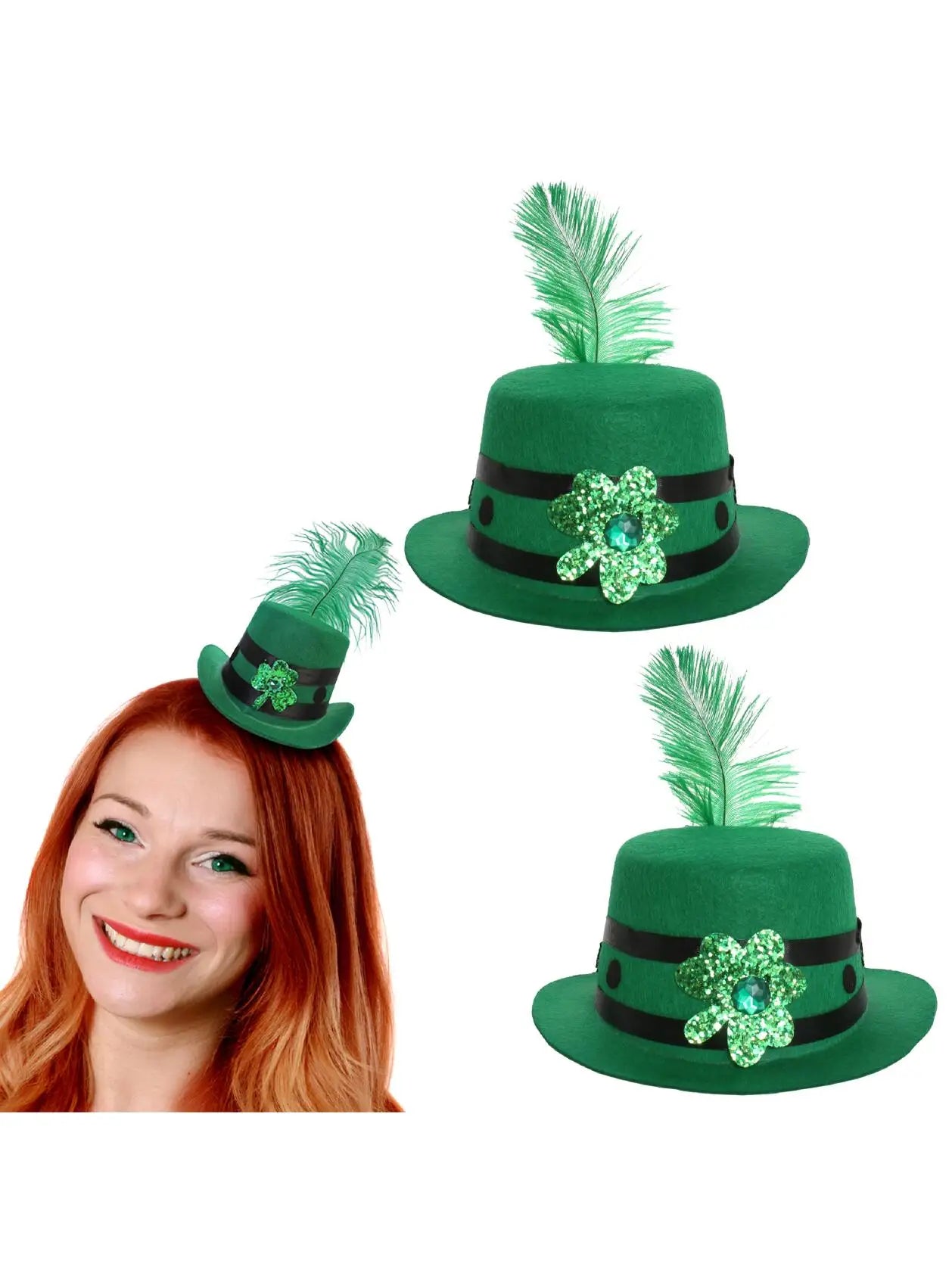 Mini Irish Fascinator Hat with Feather – Green Clover & Ribbon Decoration for St Patrick’s Day