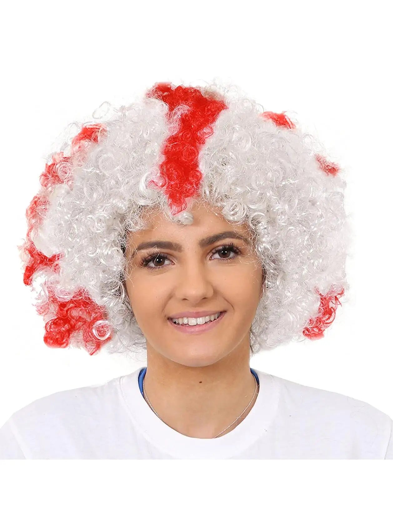 England Afro Wig – White Curly Wig with Red St George’s Cross for Football & St George’s Day