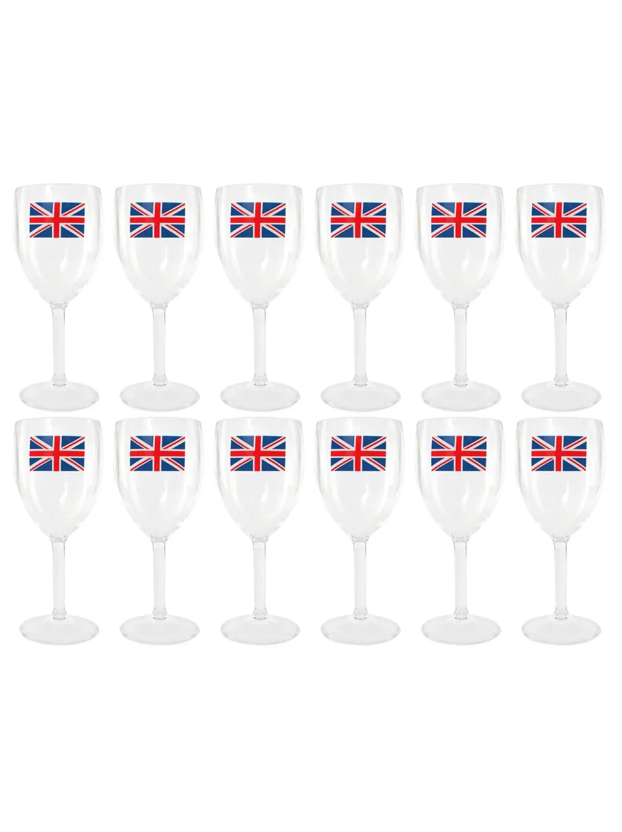 Pack of 12 Union Jack Plastic Wine Glasses – 300ml Durable Reusable Cups for Parties & Celebrations